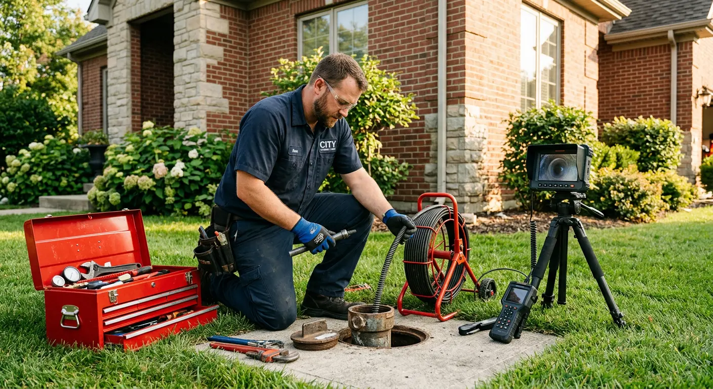 Sewer specialist with camera equipment servicing a cleanout in Minnetrista