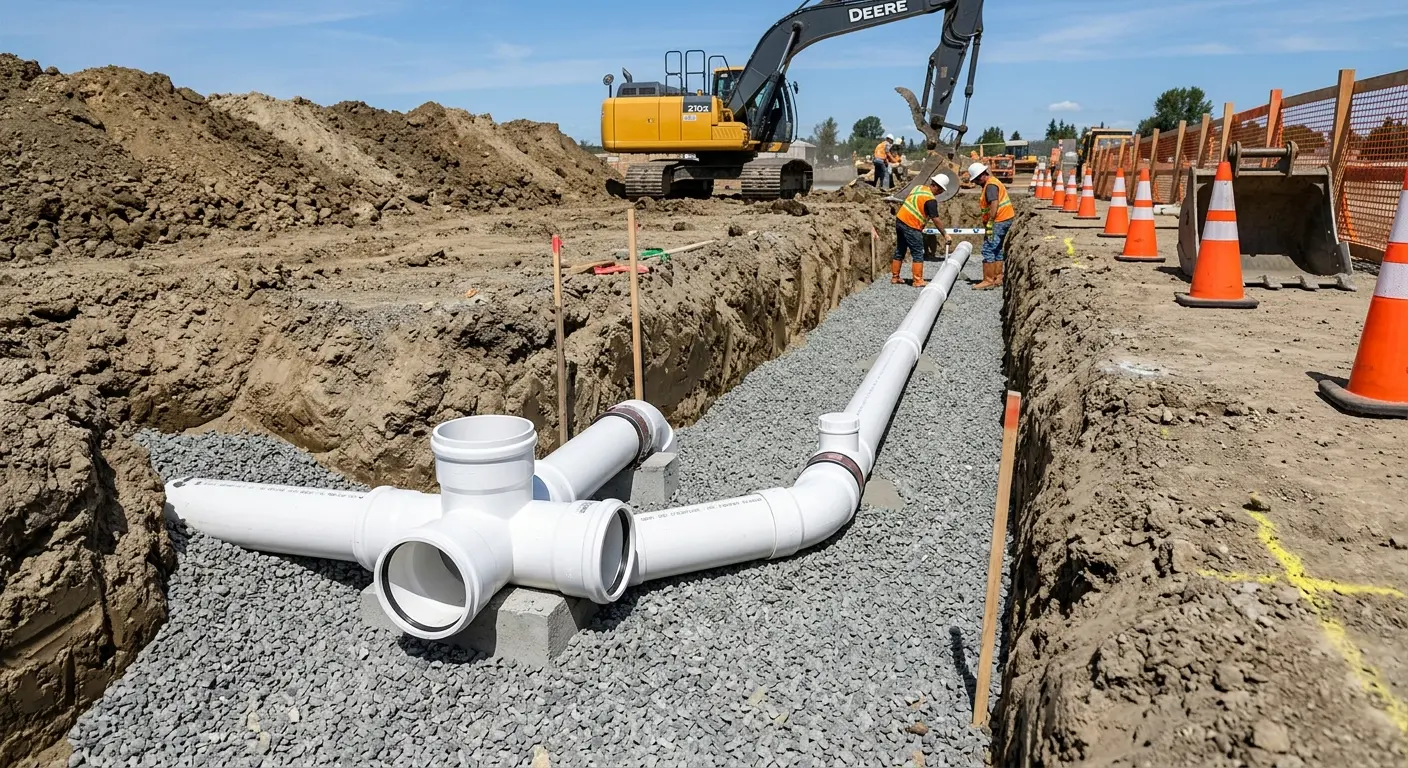 New PVC sewer pipe installation in open trench for Commercial Drain Cleaning in Minnetrista