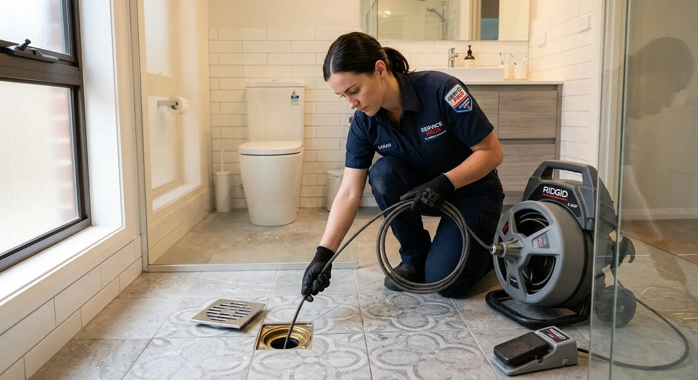 Technician clearing a bathroom floor drain for Clogged Drain Repair in Minnetrista
